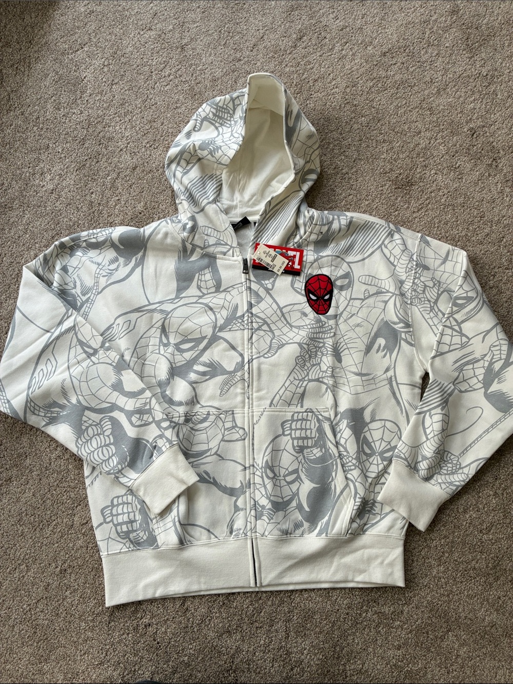 Marvel White & Gray Spider-Man Allover Graphic Zip Hoodie with Red Emblem